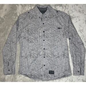Marc Ecko‎ Shirt Mens M Gray Abstract Allover Print Chest Pocket Rolltab Sleeves